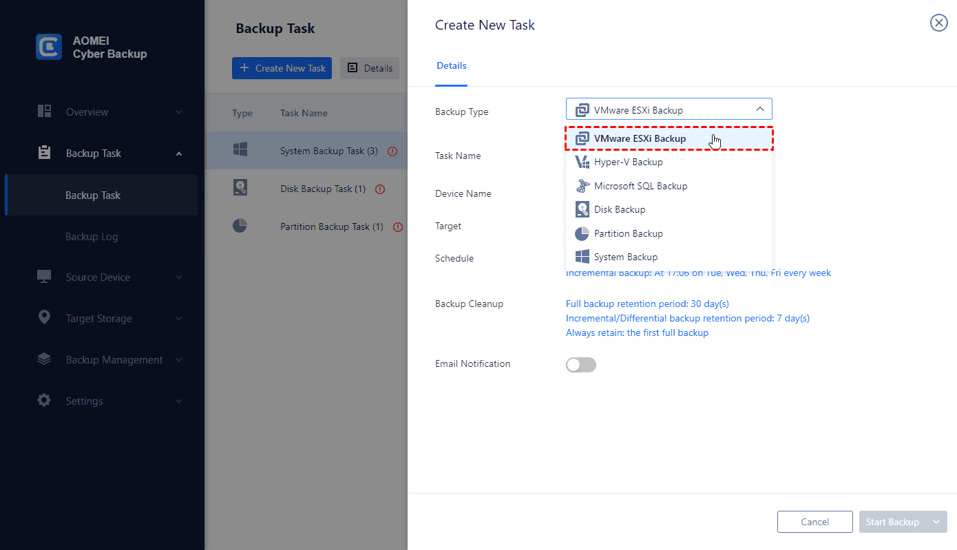 Create a VMware ESXi backup task